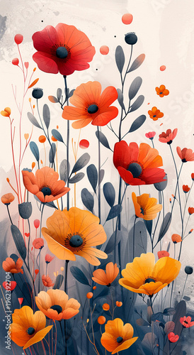 Wallpaper Mural Vibrant floral arrangement featuring various shades of orange and red poppies with dark gray foliage, set against a soft, light beige background. Torontodigital.ca