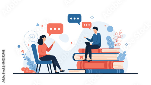 Counseling or therapy session showing a woman talking to a professional seated on a large stack of educational books.