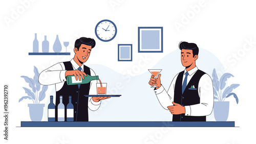 Two professional male bartenders in vests and ties working behind a bar counter, one pouring a drink while the other holds a cocktail.