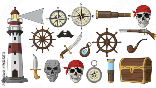 Detailed collection of pirate themed icons including a lighthouse, compasses, skulls, ship wheels, weapons, a telescope, and a treasure chest.