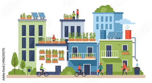 Sustainable Urban Cityscape with Rooftop Gardens, Solar Panels, Rainwater Harvesting & Eco-Friendly Lifestyle