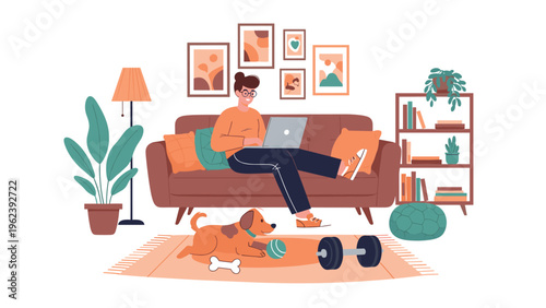 Woman working on a laptop while sitting on a brown sofa in a cozy living room with her pet dog playing on the rug and a bookshelf behind.