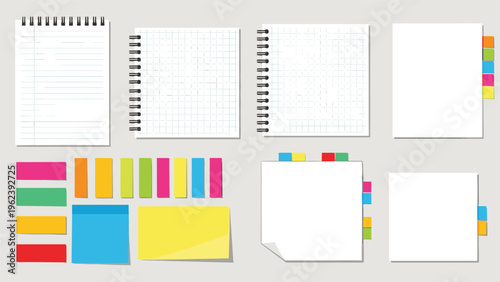 Set of blank spiral notebooks with white pages and various colorful sticky note tabs and labels for school and office organization.