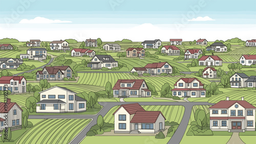 Extensive aerial-style view of a peaceful suburban neighborhood or village with numerous detached houses and green fields.