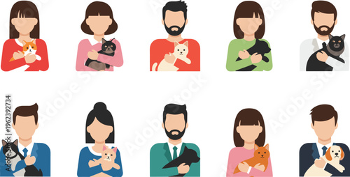 People Holding Pets Avatar Icon Set with Cats and Dogs, Pet Owners Portrait Collection, Animal Lovers Profile Vector Illustration