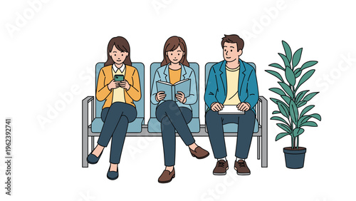 Three people sitting on a bench in a waiting area with one woman using her phone, another reading a book, and a man looking forward patiently.