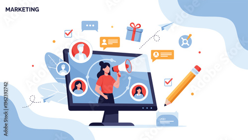 Digital marketing specialist using a megaphone on a computer monitor to reach an online audience and community.