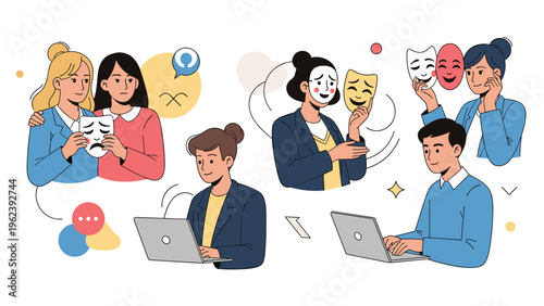 Multiple scenes showing people wearing or holding emotional masks while working or interacting in a digital world.