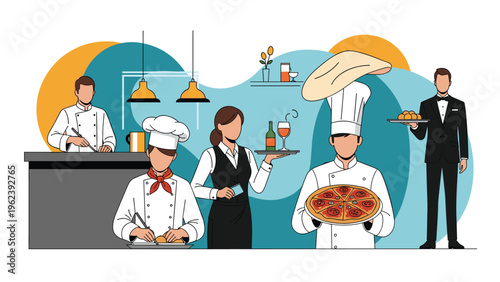Professional restaurant staff members including chefs preparing food and servers with trays in modern dining venue.