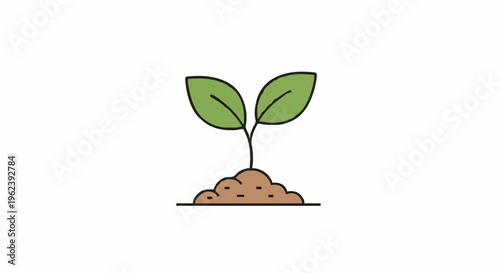 A small green sprout with two leaves emerging from a mound of soil, symbolizing growth and new beginnings in nature