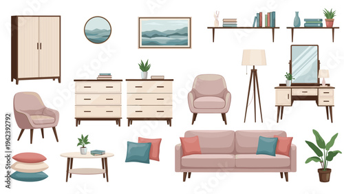 Modern furniture set for living room interior including sofa, armchairs, dresser, coffee table, and indoor plants.