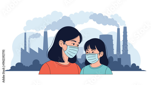 Mother and daughter wearing protective face masks while standing in front of industrial factory with smoke plumes.