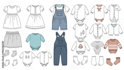 Extensive collection of baby and toddler clothing items such as onesies, dresses, overalls, and tiny socks.