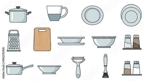Collection of essential kitchen utensils and cookware items including pots, plates, grater, and spice shakers.