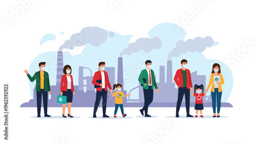 Group of people wearing protective face masks standing in front of an industrial factory with smoking chimneys symbolizing air pollution issues.