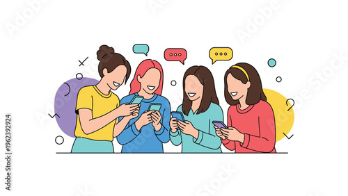 Diverse group of young women using their smartphones and chatting while colorful speech bubbles and geometric shapes decorate the background.
