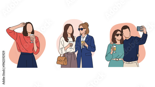 Group of young stylish adults socializing while holding drinks and taking selfies during a social gathering event.