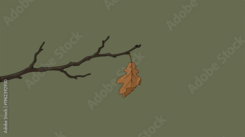 A solitary leaf clings to a branch against a muted background.