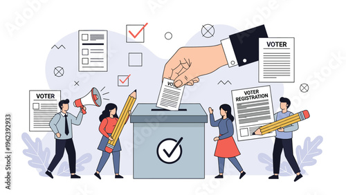 Citizens participating in democratic elections by casting votes into a ballot box with registration papers and pencils in human rights concept.