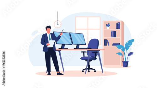 Professional businessman in a suit standing in his home office at a wooden desk with two computer monitors and a bookshelf during working hours.