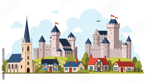 Panoramic view of a medieval town featuring a large majestic castle on a hill with small houses and a church steeple in the foreground.