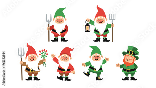 Adorable collection of garden gnomes and a leprechaun in various poses holding garden tools like pitchforks and lanterns on a white background.