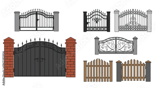 Assortment of various metal gate designs and wooden fence styles for residential properties and garden security.