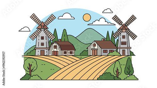 Beautiful rural landscape illustration featuring traditional windmills and barns among green fields and mountains under a bright yellow sun.