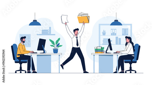 Busy office environment with two employees working at their computers while a third colleague celebrates with excitement holding a file folder.