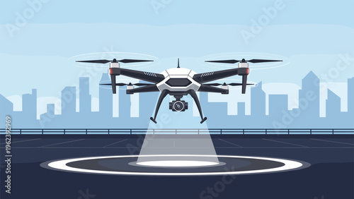 Modern drone with camera flying above a city skyline during the day for aerial photography and professional surveillance technology.
