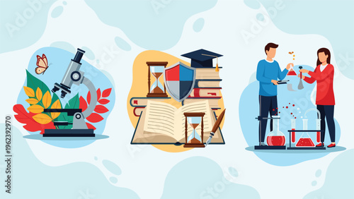 Three circular icons representing science and education featuring a microscope, old books with an hourglass, and students in a chemistry lab.