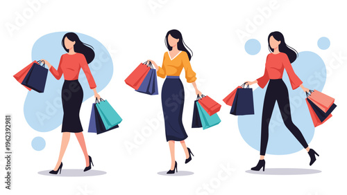 Vector illustration of a stylish woman walking and carrying multiple colorful shopping bags in three different elegant poses and outfits.