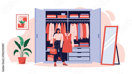 Woman choosing a dress from her organized wardrobe in a stylish bedroom interior with a full-length mirror and decorative plant for fashion.