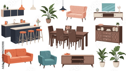 Comprehensive set of modern interior furniture items including kitchen cabinets, sofas, dining table, chairs, TV stands, and potted plants.
