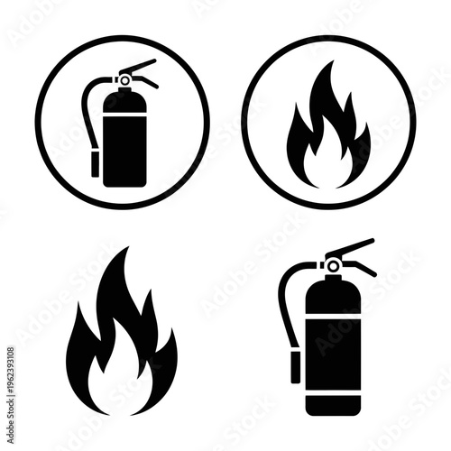 Four distinct icons related to fire safety: extinguishers and flames in various forms.