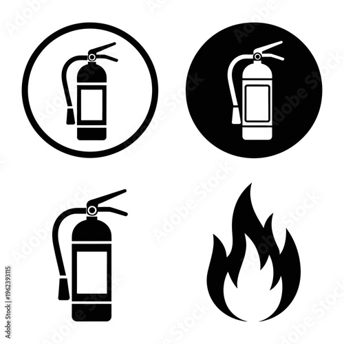 Four clear icons displaying fire safety elements: extinguishers and a prominent flame symbol.