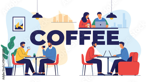 Coworking space concept featuring people working on laptops and drinking coffee in a modern cafe environment for remote work and freelancing.