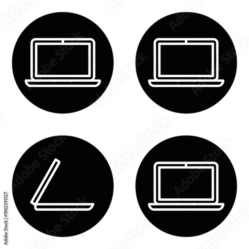 A collection of four minimalist laptop icons displayed in black circles, showing different screen positions.