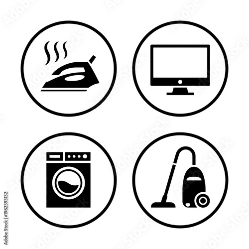 Four circular icons representing common household appliances: iron, television, washing machine, and vacuum.