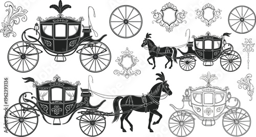 Vintage Royal Carriage Vector Set with Ornate Horse Drawn Coaches Antique Wheels and Decorative Flourish Elements for Elegant Wedding and Fairy Tale Designs