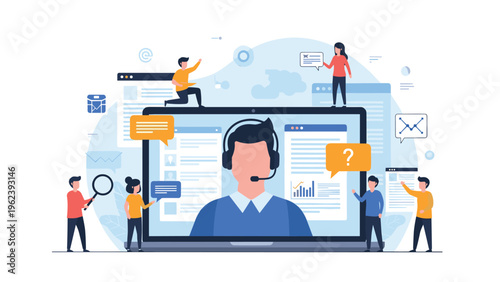 Online customer service and tech support concept showing a headset-wearing agent on a laptop screen surrounded by help icons and agents.