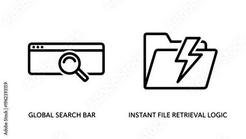 Search and instant file retrieval icons with magnifying glass