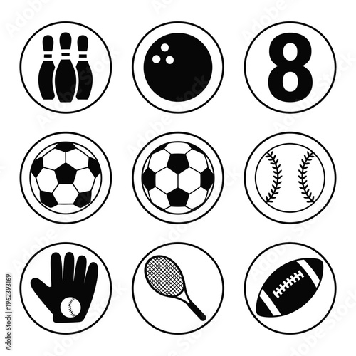 A versatile collection of nine iconic sports symbols contained within neat circular frames.