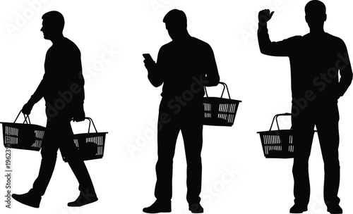 Black silhouette of men holding shopping baskets walking and using a smartphone for retail commerce, grocery store, and consumerism concepts.