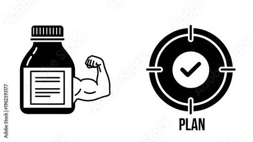 Fitness supplement bottle and goal achievement icons