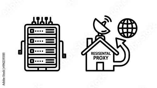 Server racks and residential proxy icons