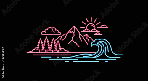 A serene landscape with a wave crashing near mountains and trees at sunrise.