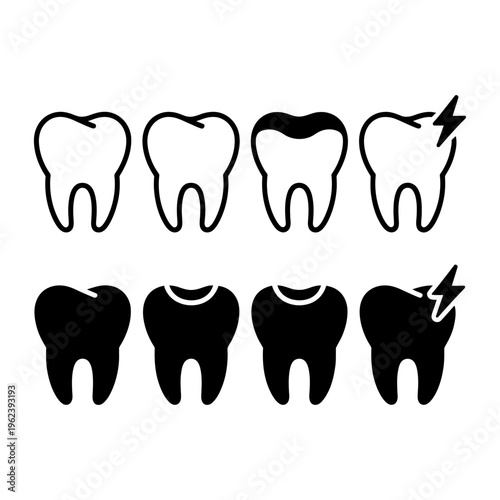 A set of eight distinct tooth icons illustrating various dental conditions from healthy to painful.