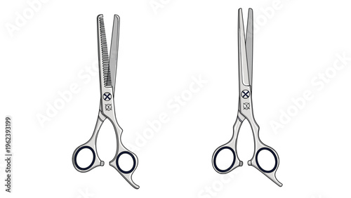 Professional hairdressing tools featuring classic silver cutting scissors and thinning shears for barbers and hair salon stylists equipment.