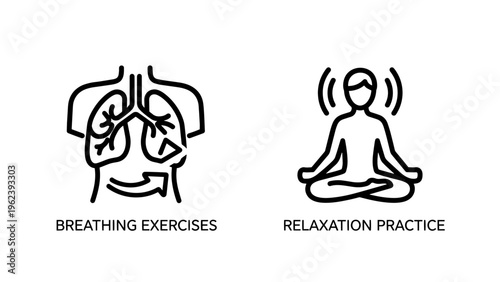 Breathing exercises and relaxation practice icons with represents health and
